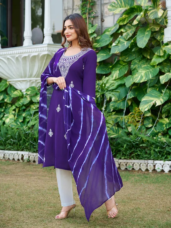 Purple_Silk_Blend_Straight_Calf_Length_Round_Neck_Kurta_Sets_For_Women