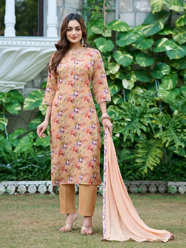Beige_Silk_Blend_Straight_Calf_Length_Round_Neck_Kurta_Sets_For_Women