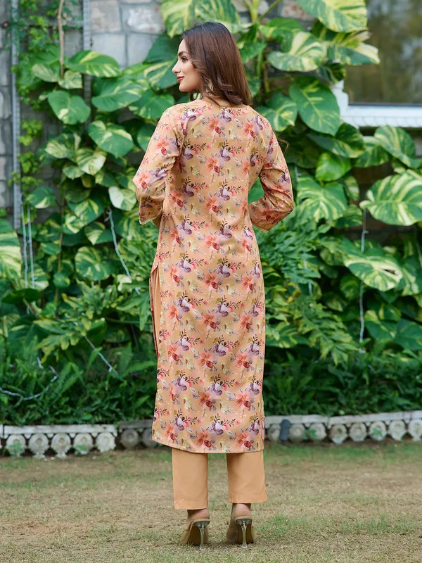 Beige_Silk_Blend_Straight_Calf_Length_Round_Neck_Kurta_Sets_For_Women