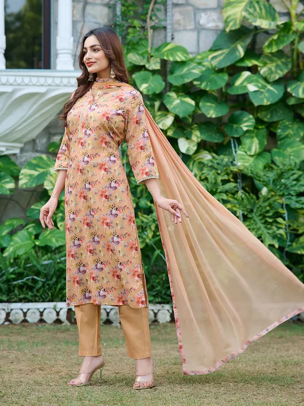 Beige_Silk_Blend_Straight_Calf_Length_Round_Neck_Kurta_Sets_For_Women