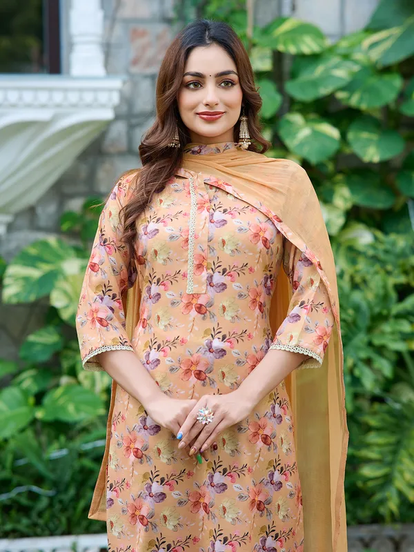 Beige_Silk_Blend_Straight_Calf_Length_Round_Neck_Kurta_Sets_For_Women