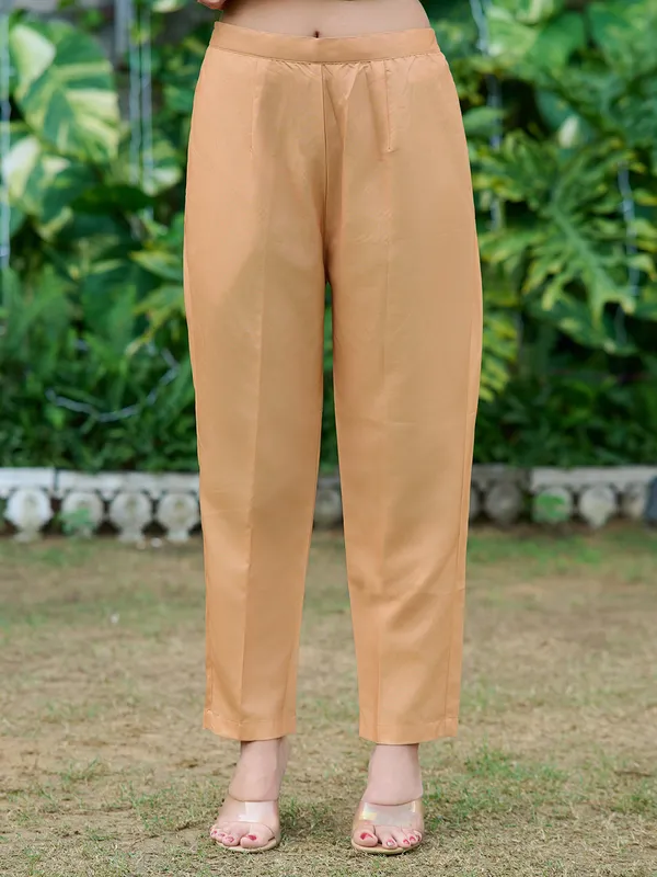 Beige_Silk_Blend_Straight_Calf_Length_Round_Neck_Kurta_Sets_For_Women