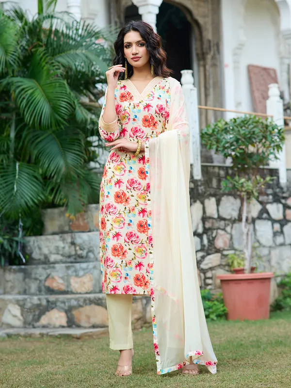 Cream_Silk_Blend_Straight_Calf_Length_V-Neck_Kurta_Sets_For_Women