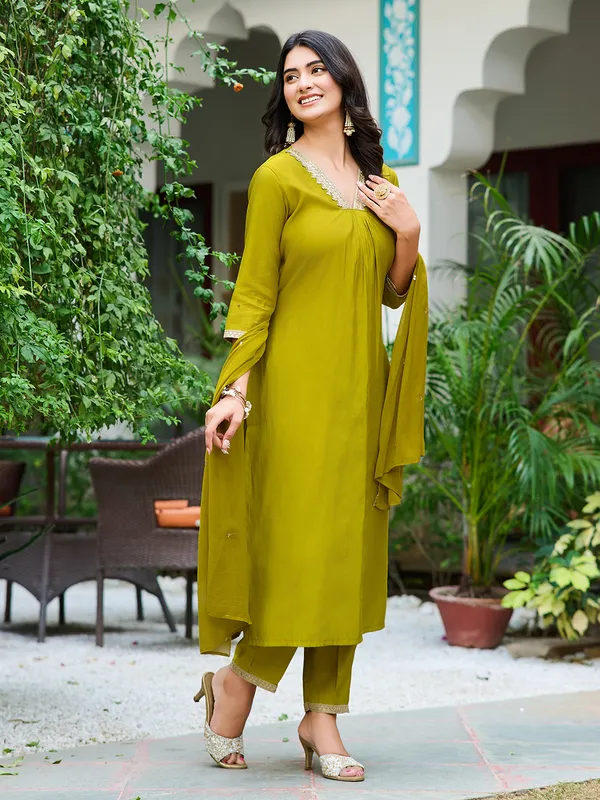 Olive_Silk_Blend_Straight_Calf_Length_V-Neck_Kurta_Sets_For_Women