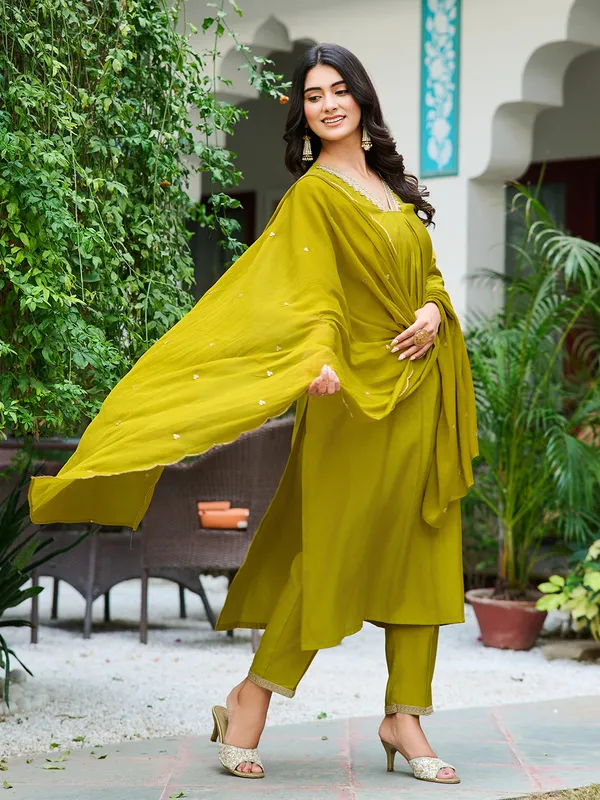 Olive_Silk_Blend_Straight_Calf_Length_V-Neck_Kurta_Sets_For_Women