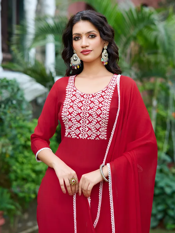 Red_Silk_Blend_Straight_Calf_Length_Round_Neck_Kurta_Sets_For_Women