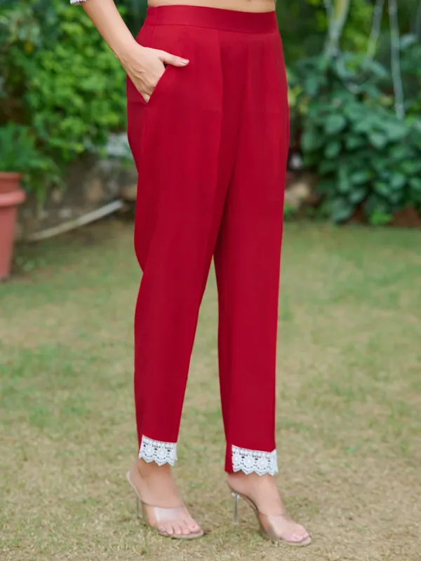 Red_Silk_Blend_Straight_Calf_Length_Round_Neck_Kurta_Sets_For_Women