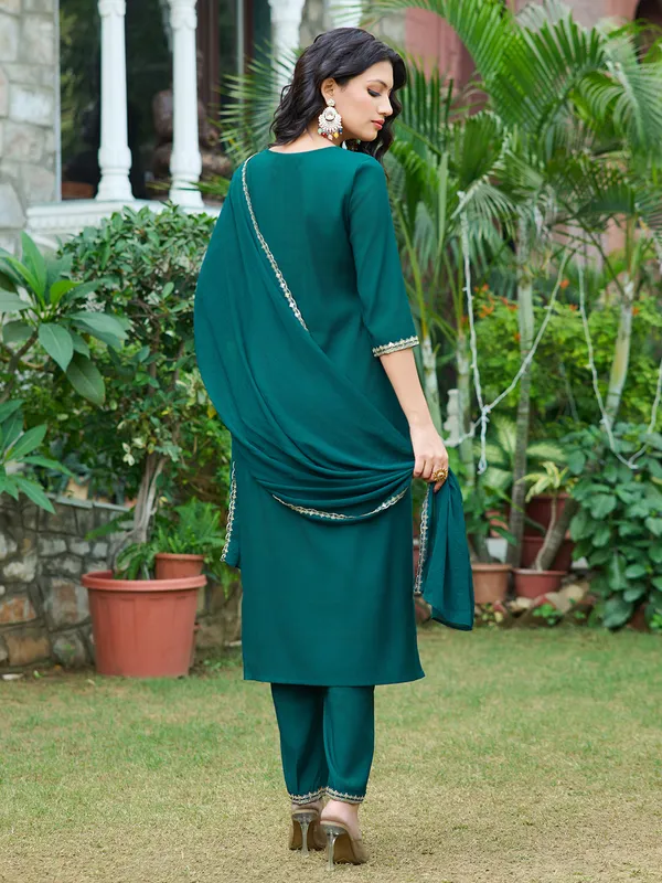Teal_Silk_Blend_Straight_Calf_Length_Round_Neck_Kurta_Sets_For_Women
