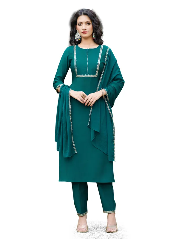 Teal_Silk_Blend_Straight_Calf_Length_Round_Neck_Kurta_Sets_For_Women