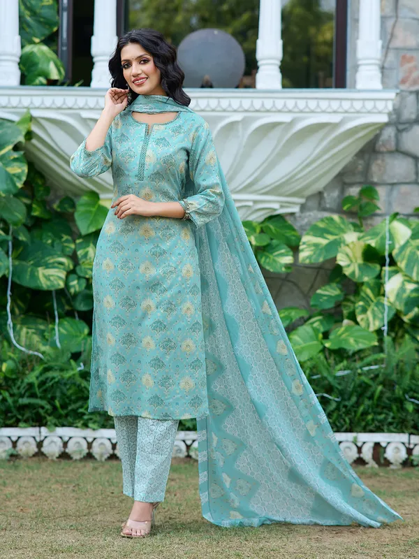 Turquoise_Blue_Silk_Blend_Straight_Calf_Length_Sweetheart_Neck_Kurta_Sets_For_Women