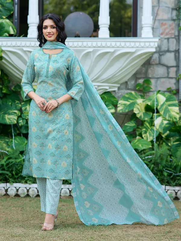 Turquoise_Blue_Silk_Blend_Straight_Calf_Length_Sweetheart_Neck_Kurta_Sets_For_Women