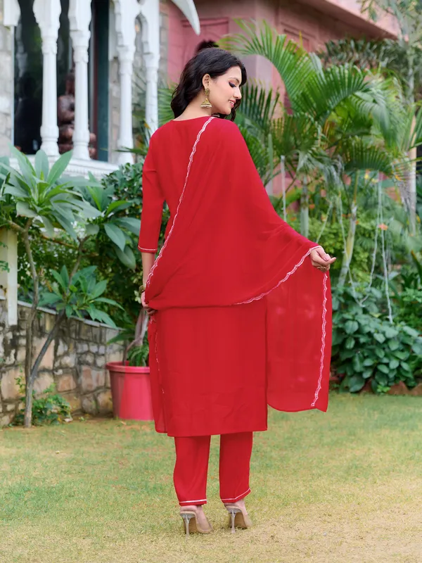 Red_Silk_Blend_Straight_Calf_Length_Round_Neck_Kurta_Sets_For_Women
