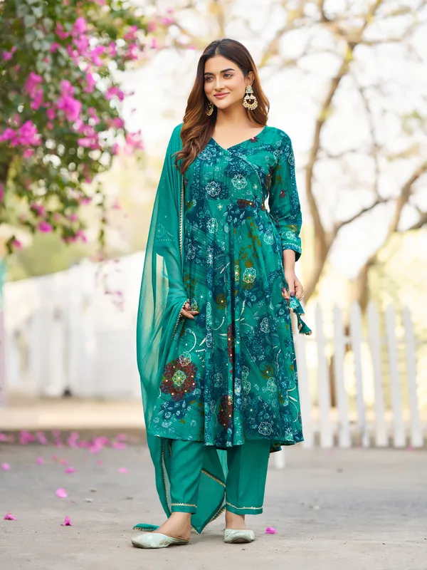 Teal_Viscose_Rayon_Straight_Calf_Length_Round_Neck_Kurta_Sets_For_Women