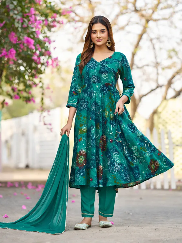 Teal_Viscose_Rayon_Straight_Calf_Length_Round_Neck_Kurta_Sets_For_Women