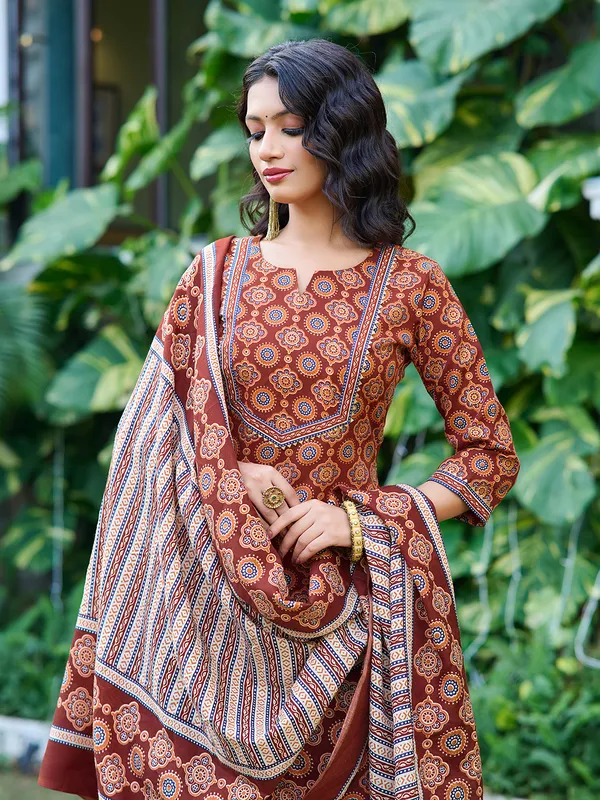 Brown_Silk_Blend_Straight_Calf_Length_Sweetheart_Neck_Kurta_Sets_For_Women