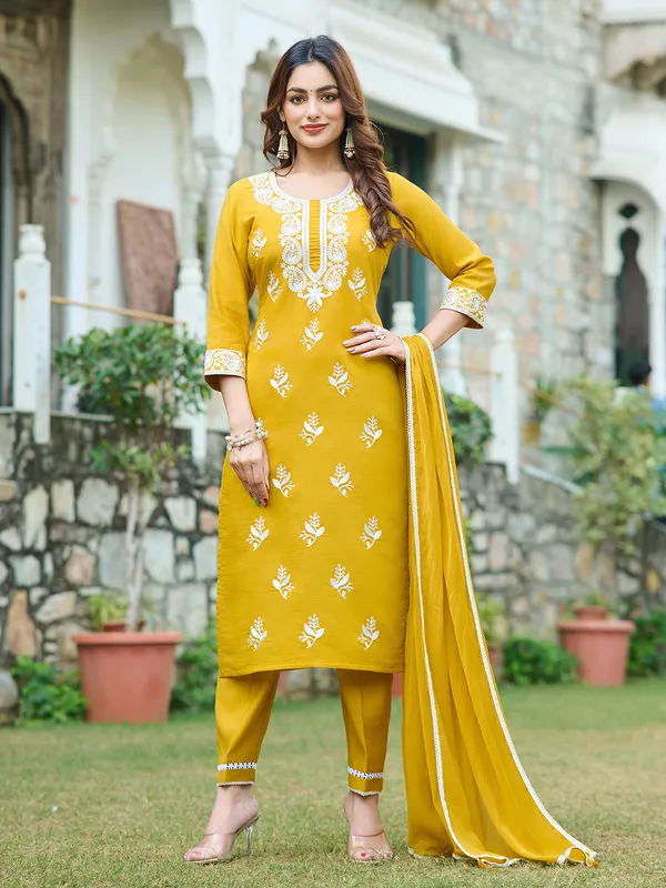 Mustard_Silk_Blend_Straight_Calf_Length_Round_Neck_Kurta_Sets_For_Women