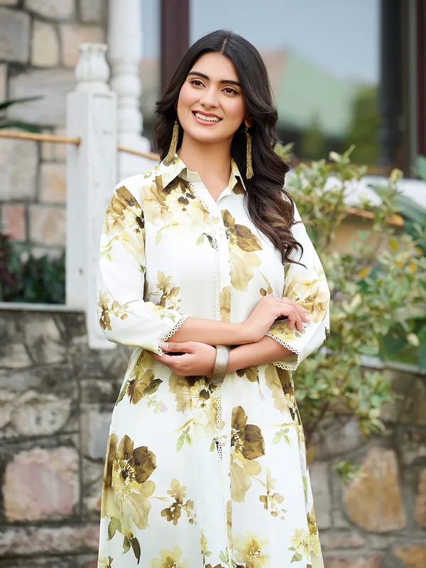 White_Silk_Blend_Straight_Calf_Length_Shirt_Collar_Kurta_Sets_For_Women