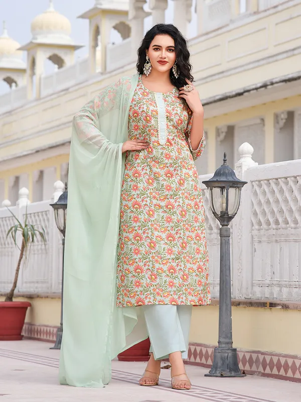 Lime_Green_Cotton_Blend_Straight_Calf_Length_Round_Neck_Kurta_Sets_For_Women