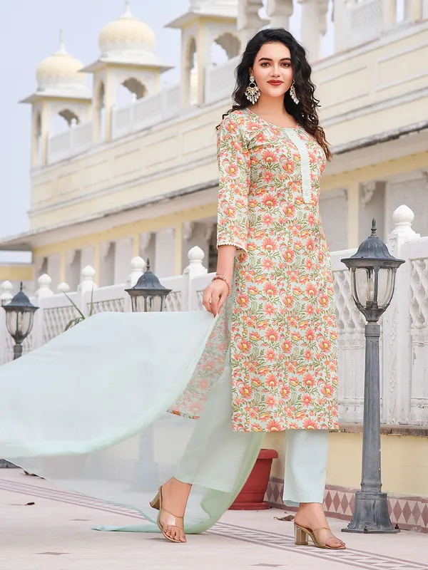 Lime_Green_Cotton_Blend_Straight_Calf_Length_Round_Neck_Kurta_Sets_For_Women