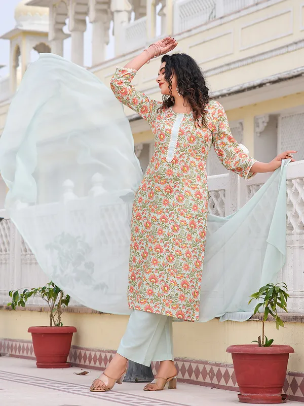 Lime_Green_Cotton_Blend_Straight_Calf_Length_Round_Neck_Kurta_Sets_For_Women