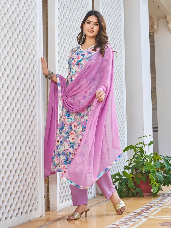 Purple_Cotton_Blend_Straight_Calf_Length_V-Neck_Kurta_Sets_For_Women