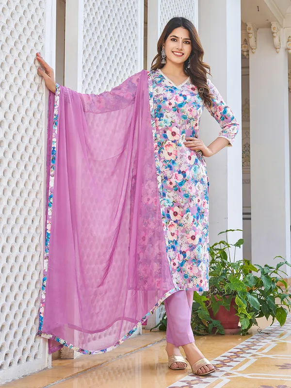 Purple_Cotton_Blend_Straight_Calf_Length_V-Neck_Kurta_Sets_For_Women