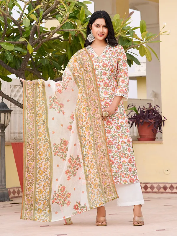 Off_White_Cotton_Blend_Straight_Calf_Length_V-Neck_Kurta_Sets_For_Women