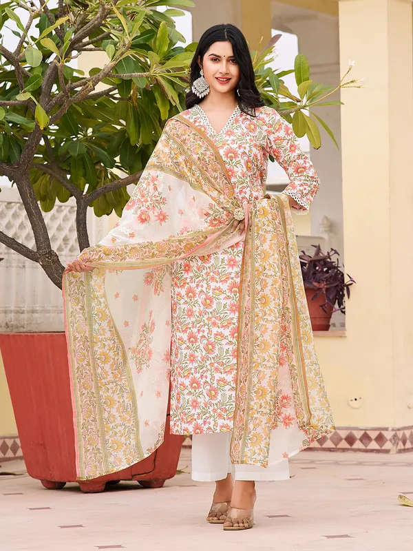 Off_White_Cotton_Blend_Straight_Calf_Length_V-Neck_Kurta_Sets_For_Women