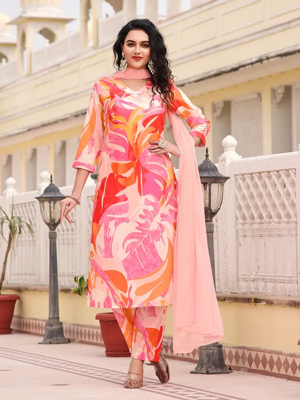 Peach_Cotton_Blend_Straight_Calf_Length_V-Neck_Kurta_Sets_For_Women
