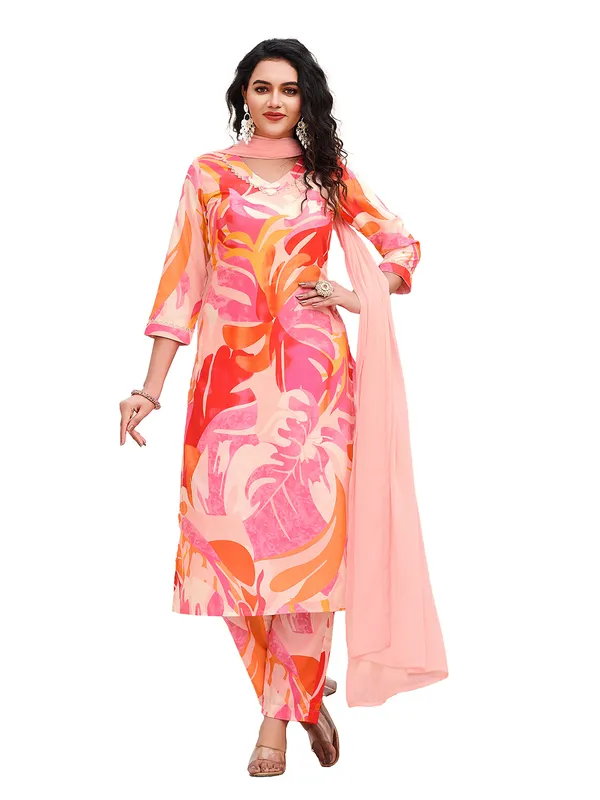 Peach_Cotton_Blend_Straight_Calf_Length_V-Neck_Kurta_Sets_For_Women