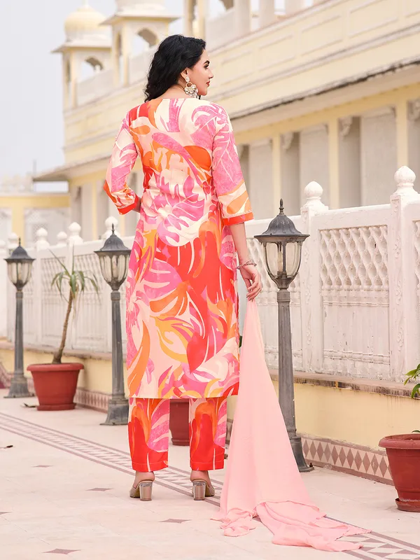 Peach_Cotton_Blend_Straight_Calf_Length_V-Neck_Kurta_Sets_For_Women