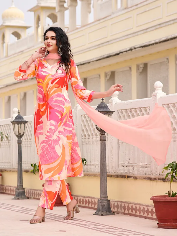 Peach_Cotton_Blend_Straight_Calf_Length_V-Neck_Kurta_Sets_For_Women