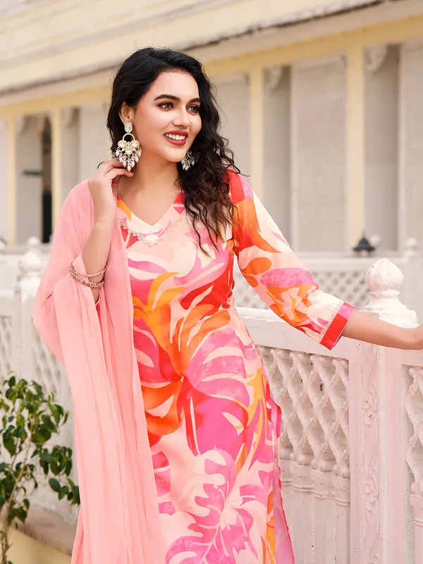 Peach_Cotton_Blend_Straight_Calf_Length_V-Neck_Kurta_Sets_For_Women