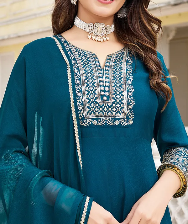 Blue_Cotton_Blend_Straight_Calf_Length_V-Neck_Kurta_Sets_For_Women