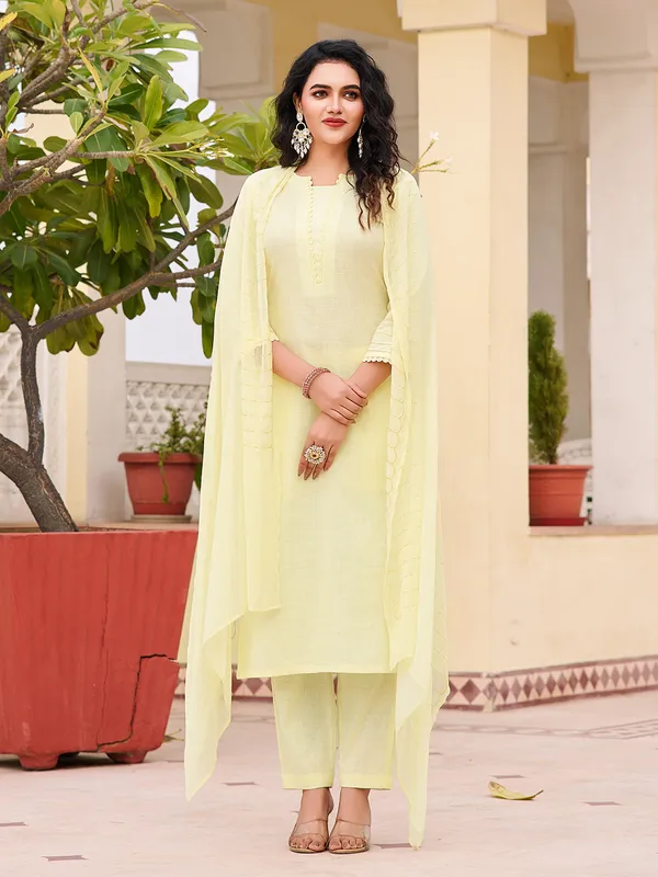 Yellow_Linen_Straight_Calf_Length_Round_Neck_Kurta_Sets_For_Women