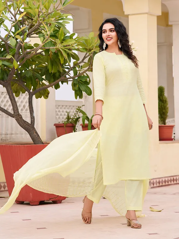 Yellow_Linen_Straight_Calf_Length_Round_Neck_Kurta_Sets_For_Women