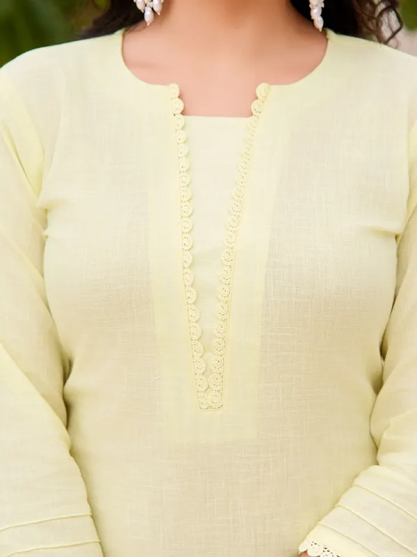 Yellow_Linen_Straight_Calf_Length_Round_Neck_Kurta_Sets_For_Women