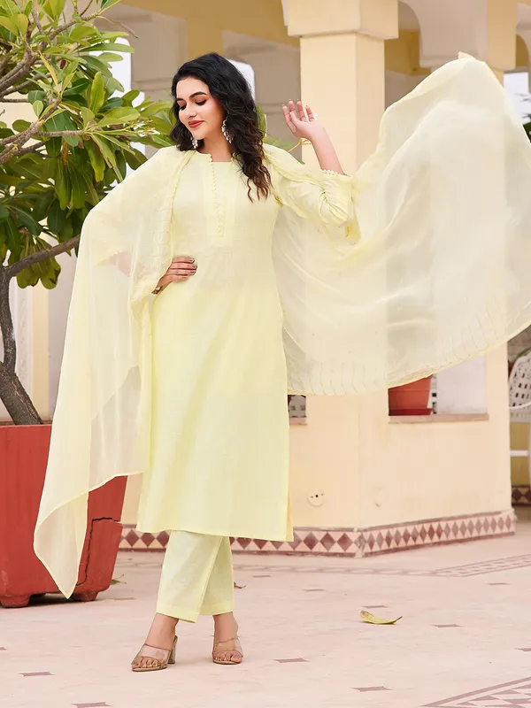Yellow_Linen_Straight_Calf_Length_Round_Neck_Kurta_Sets_For_Women