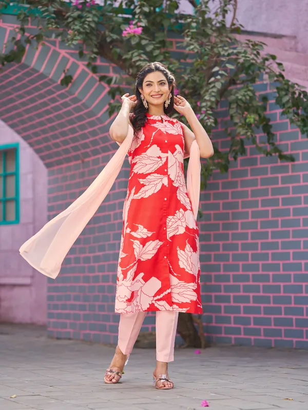Red_Cotton_Blend_Straight_Calf_Length_Tie-Up_Neck_Kurta_Sets_For_Women