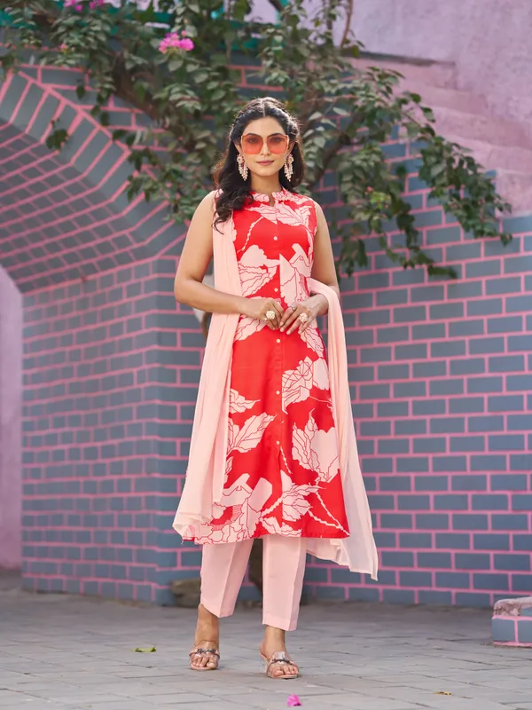 Red_Cotton_Blend_Straight_Calf_Length_Tie-Up_Neck_Kurta_Sets_For_Women