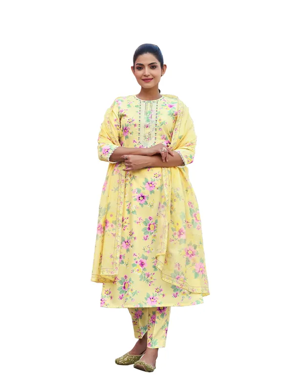Yellow_Viscose_Rayon_Straight_Calf_Length_Round_Neck_Kurta_Sets_For_Women