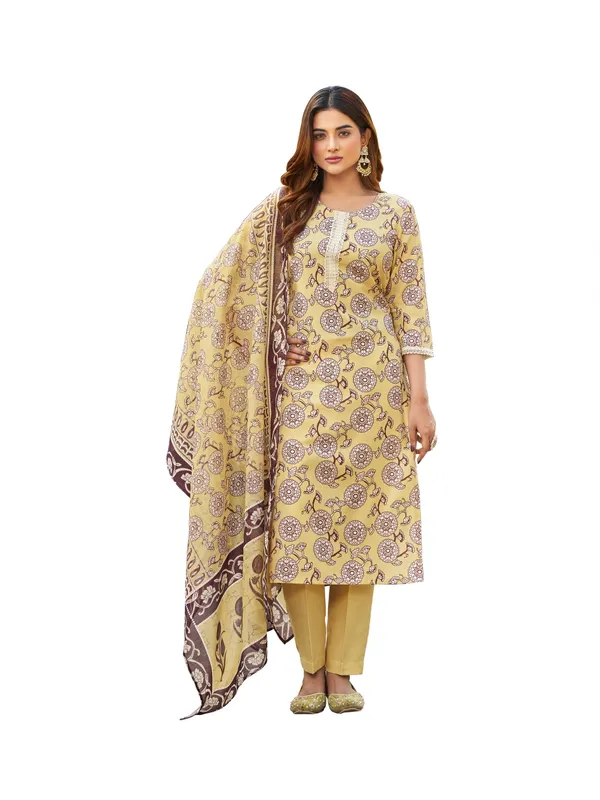 Yellow_Viscose_Rayon_Straight_Calf_Length_Round_Neck_Kurta_Sets_For_Women