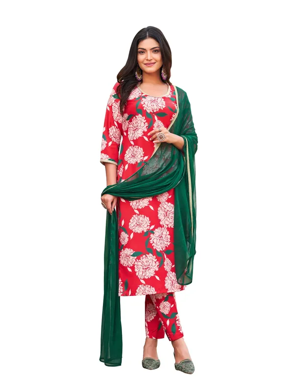 Red_Viscose_Rayon_Straight_Calf_Length_Round_Neck_Kurta_Sets_For_Women
