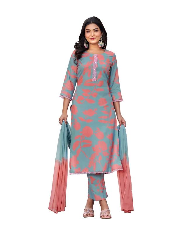 Teal_Viscose_Rayon_Straight_Calf_Length_Round_Neck_Kurta_Sets_For_Women