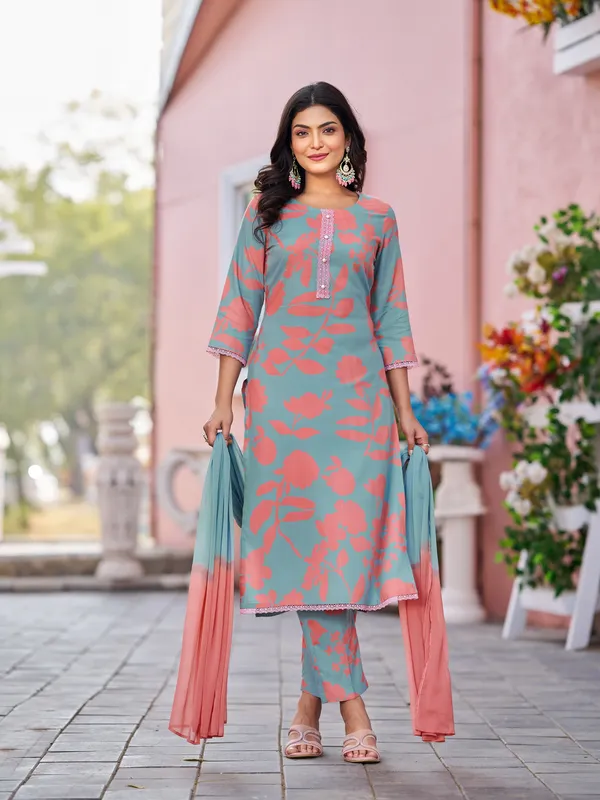 Teal_Viscose_Rayon_Straight_Calf_Length_Round_Neck_Kurta_Sets_For_Women