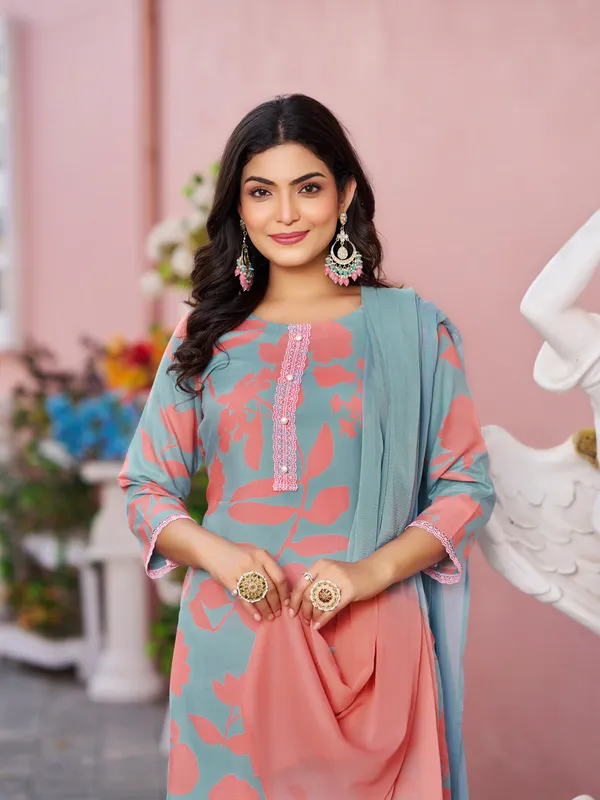 Teal_Viscose_Rayon_Straight_Calf_Length_Round_Neck_Kurta_Sets_For_Women