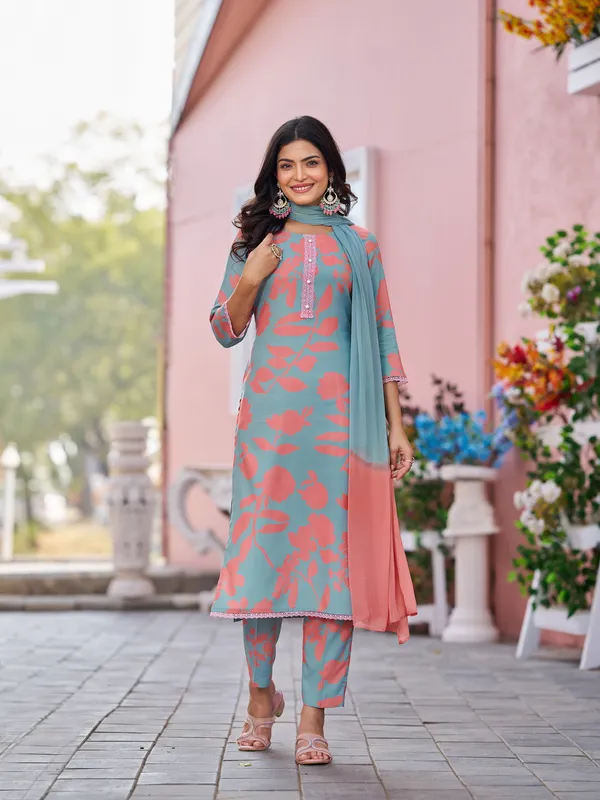Teal_Viscose_Rayon_Straight_Calf_Length_Round_Neck_Kurta_Sets_For_Women