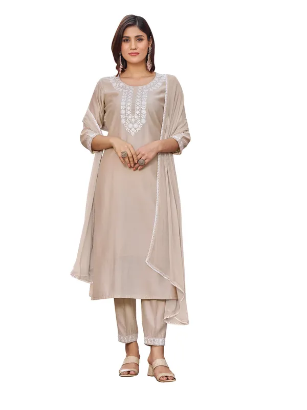 Beige_Pure_Silk_Straight_Calf_Length_Round_Neck_Kurta_Sets_For_Women