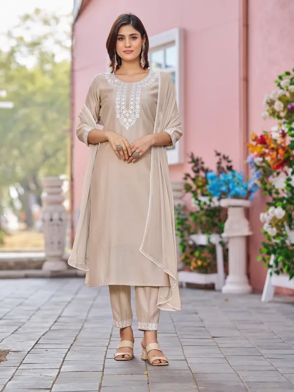 Beige_Pure_Silk_Straight_Calf_Length_Round_Neck_Kurta_Sets_For_Women