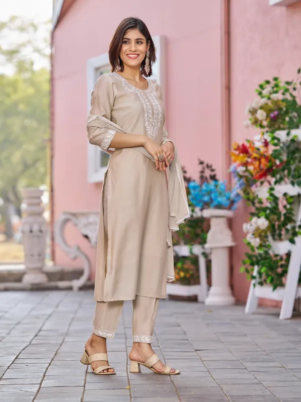 Beige_Pure_Silk_Straight_Calf_Length_Round_Neck_Kurta_Sets_For_Women